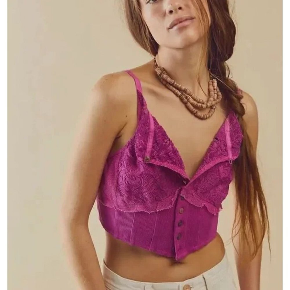 Free People Have My Heart Tank Lace Tank Crop Button Front Keyhole Raspberry XL
